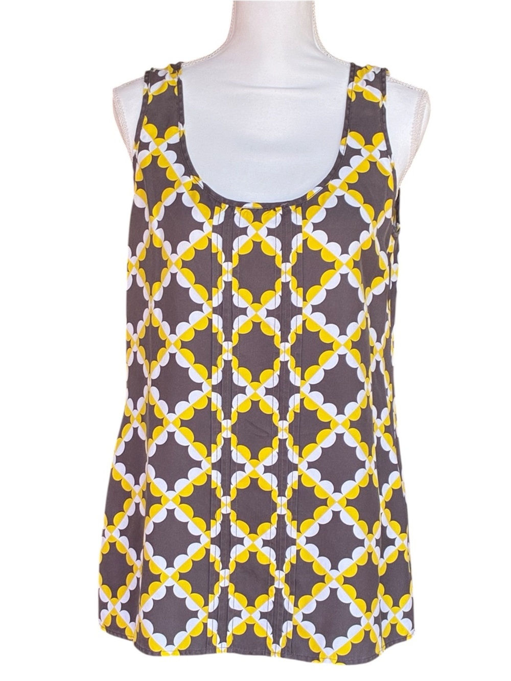 Tory Burch 100% Silk Geometric Sleeveless Tank‎ Blouse Retro Gray Yellow Size 10